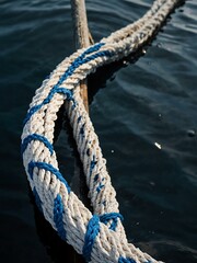 Fototapeta premium Blue-and-white rope tied to a boat, floating buoy.