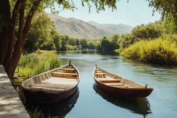 Obraz premium Two wooden boats on calm river, mountains background.