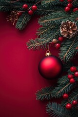 Obraz premium A festive composition featuring evergreen branches, red berries, and a shiny red ornament against a rich red background, Perfect for holiday-themed projects, cards, or social media posts,