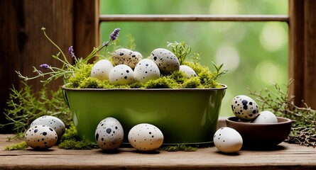 Prosta i naturalna martwa natura przedstawiająca miskę świeżych jajek leżących na intensywnie zielonym mchu, przywodząca na myśl spokojną i ziemską atmosferę.