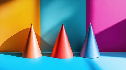 Colorful party hats placed against vibrant backgrounds, ideal for festive themes in invitations, decorations, or social media posts celebrating birthdays or special occasions,