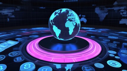 Digital Globe with World Map and Currency Symbols in a Tech Space