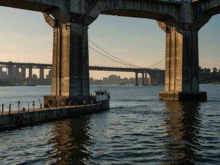Fototapeta premium Boat approaching a bridge on the bay.