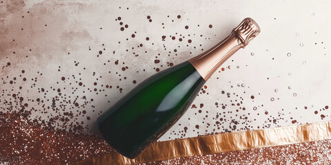 A champagne bottle surrounded in gold glitter. A new years eve themed photo with confetti, bubbly - glass bottle, gold ribbon - NYE or celebration, special occasion, wedding, anniversary - top down