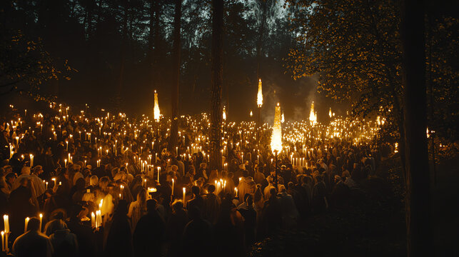 Candlelit procession in a dark forest creates an enchanting atmosphere during a nighttime gathering