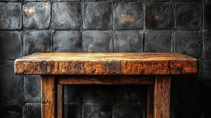 A rustic wooden table against a textured black wall, creating a warm and inviting atmosphere.