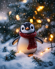 A delightful penguin figurine wearing a red scarf stands in the snow surrounded by festive lights.