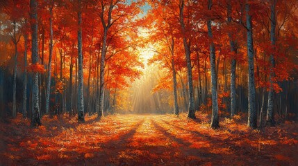 Obraz premium Sunlit autumn forest path, vibrant red and orange leaves, trees, sunlight.