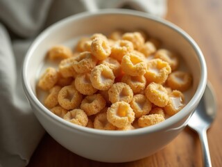 Fototapeta premium Cereal rings soaking in milk filling white bowl for breakfast