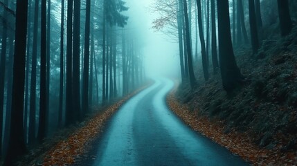 Fototapeta premium Misty forest road winding through tall trees with a layer of fallen leaves by the sides under a foggy atmosphere.