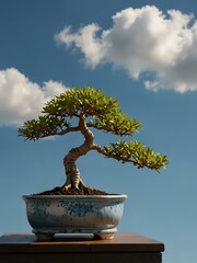 Bonsai tree in minimalist pot against a blue sky.