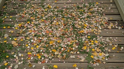 Colorful Autumn Leaves and Petals on Wooden Ground in Nature Scene