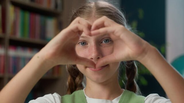 Close up adorable positive Caucasian little girl child schoolgirl kid student learner schoolkid looking camera fingers hands making heart gesture love gesturing like education inside school classroom