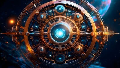Obraz premium Circular Spacecraft with Glowing Blue Components