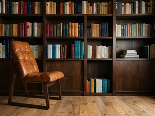 Bookcase with books on the parquet floor.