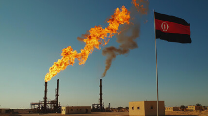 Flames erupt from Libyan oil field towers as gas is burned off in clear blue sky