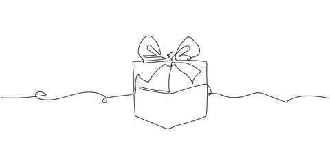 Flat vector illustration one line. Continuous single line drawing of holiday gift box icon. Surprise symbol in single outline style. On white background.