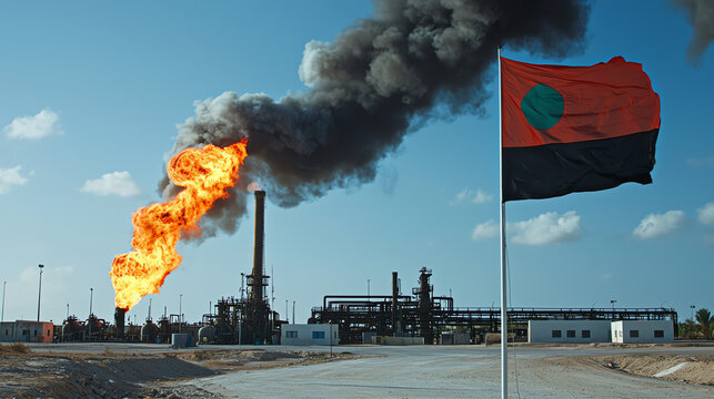 Libyan oil field with flames burning off gas and national flag displayed prominently on site