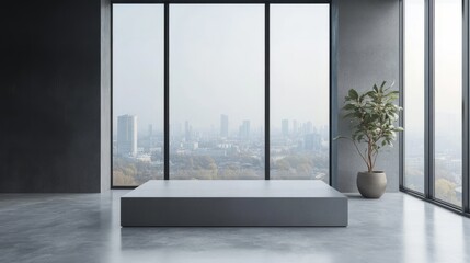 Fototapeta premium A soft gray pedestal near a large window