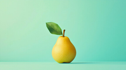 A pear painted on canvas by a very talented artist, naive art in a minimalist style, with a green leaf, representing a classic fruit.