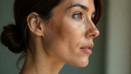 face of a 40 year old woman close-up, in profile, pigment spots on the temples and cheeks. photo for a cosmetologist. 
