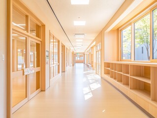 Fototapeta premium Bright and Spacious Hallway in Modern Building with Wooden Elements and Large Windows Welcoming Natural Light, Ideal for Education and Interior Design Concepts