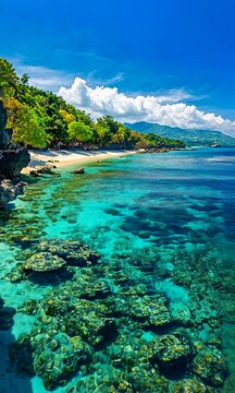 Stunning Tropical Beach with Azure Waters and Lush Greenery Under a Bright Blue Sky