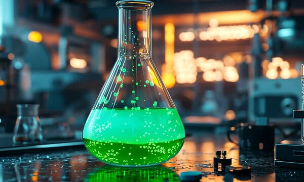 Glowing Beaker in Laboratory with Neon Green Chemical Experiment Serenity