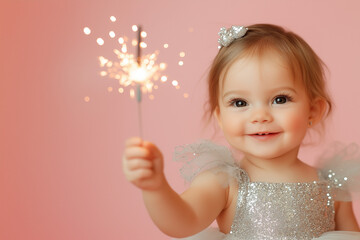 Smiling baby girl wearing an elegant dress and holding a burning sparkler on a pink background. 