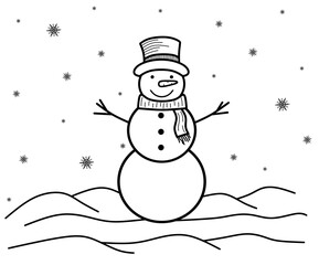 Hand drawn smiling snowman with warm scarf around neck and hat. Christmas funny winter character isolated on white background. Black and white drawing in minimal style. Vector illustration