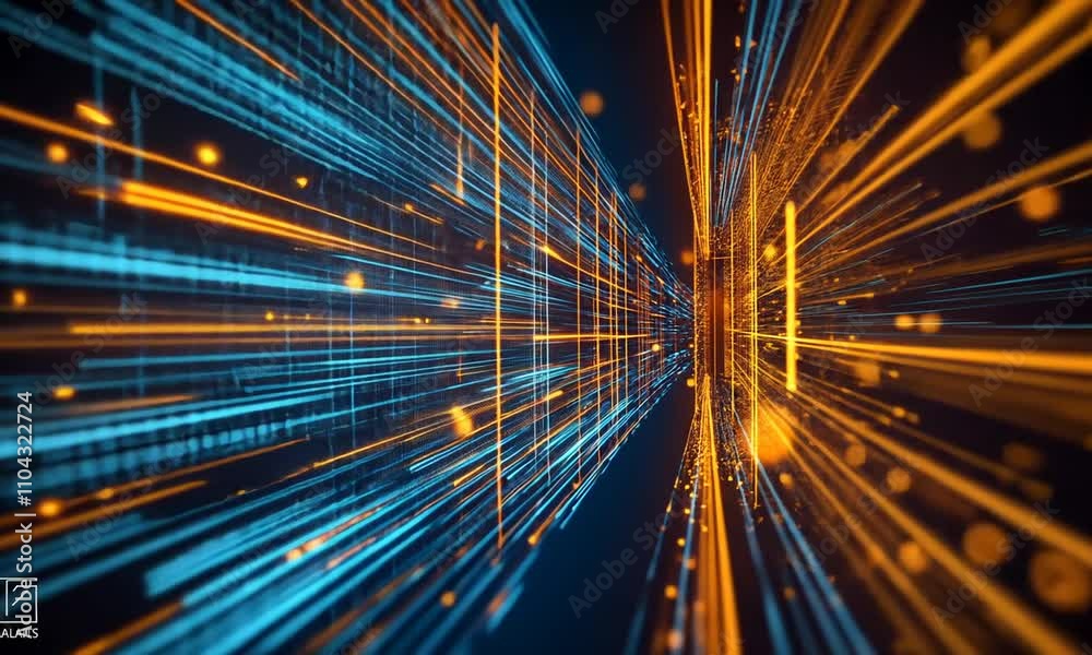 Poster dynamic visualization of futuristic digital data streams in vivid blue and orange patterns