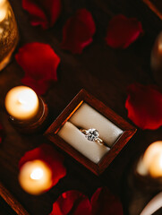  Diamond ring in a wooden box surrounded by candles.