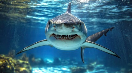 Close-Up View of a Majestic Shark Swimming in Crystal Clear Aquarium Water, Showcasing Its Powerful Body and Intimidating Teeth Beneath Bright Light Reflections