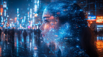 Futuristic digital overlay on young asian female in urban nightscape
