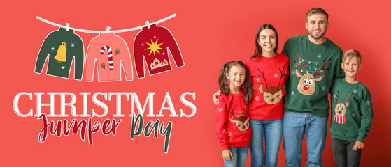 Happy family in Christmas sweaters on color background