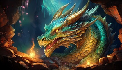 Fototapeta premium 神秘のドラゴンの巣_「金と宝石で輝く洞窟。そこには、宝物の上に堂々としたドラゴンが横たわっています。ドラゴンの鱗はエメラルドとサファイアの色合いに輝き、暖かい松明の光を反射しています
