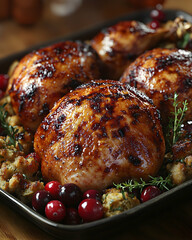 Roasted turkey breast with cranberry sauce and stuffing.