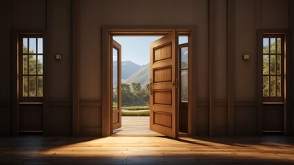 a room with a door that has a view of mountains  in the background.