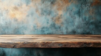 A rustic wooden table against a textured blue and gold wall, ideal for photography or display.