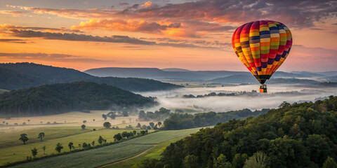 colorful hot air balloon floating above a scenic valley at sunrise