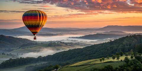 Obraz premium colorful hot air balloon floating above a scenic valley at sunrise