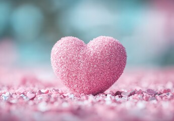 Obraz premium Delicate Pink Heart Shaped Sugar Decoration Surrounded by Colorful Sprinkles Creating a Romantic and Sweet Atmosphere for Celebrations or Events