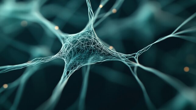 Close-up of a neural network structure with interconnected nodes and lines, representing artificial intelligence and data connectivity on a dark background.