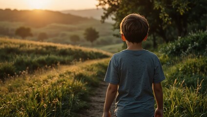 Boy walking towards the sunrise in a beautiful summer landscape.