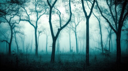 Misty Forest Landscape with Trees in Foggy Atmosphere at Dusk