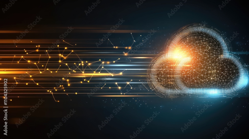 Poster digital cloud computing concept with data flow and technology design