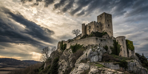 Fototapeta premium deserted medieval castle perched on a rocky hilltop under dramatic clouds