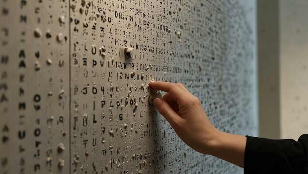 Braille sign on an art museum wall with a person exploring the tactile letters.