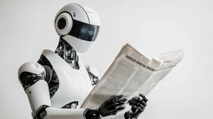 Futuristic robot reading newspaper in modern setting