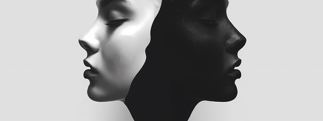A stunning monochrome image of two mannequin profiles, one in light tone and the other in dark tone, symbolizing duality and contrast.
